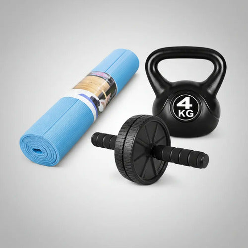 Set Fitness Con Rueda Abdominal, Pesas Rusas Y Colchoneta Multicolor