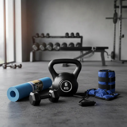 Kit Fitness Completo Pesas Mancuernas Kettlebell Colchoneta Negro
