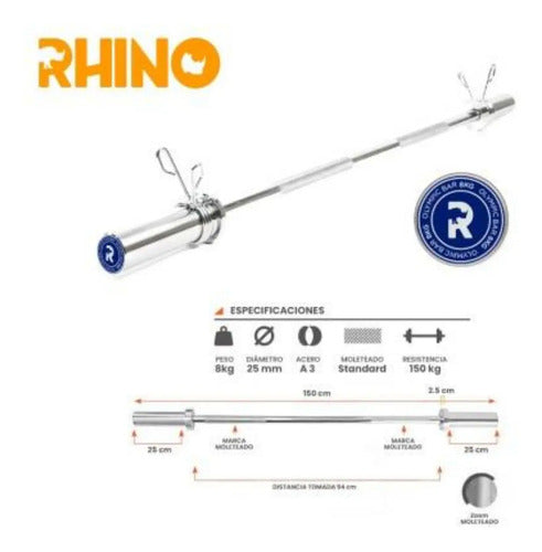 Barra Olimpica 1,5mts Profesional Crossfit Funcional Rhino Plateado