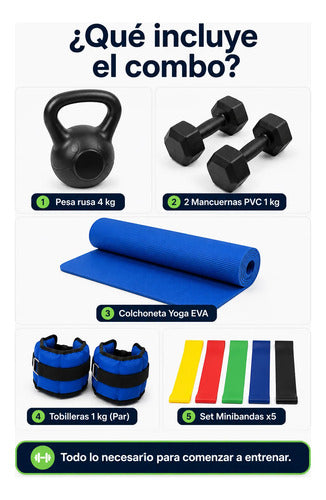 Kit Fitness Gym Casa Pesa Rusa Mancuernas Colchoneta + Yoga Negro