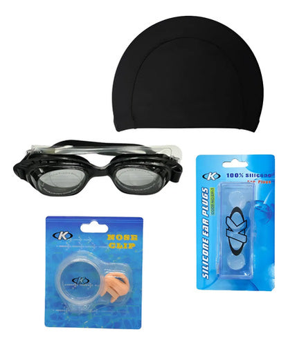 Set Natación Piscina Lentes + Gorra Tela + Clip + 4 Tapones Negro
