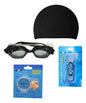 Set Natación Piscina Lentes + Gorra Tela + Clip + 4 Tapones Negro