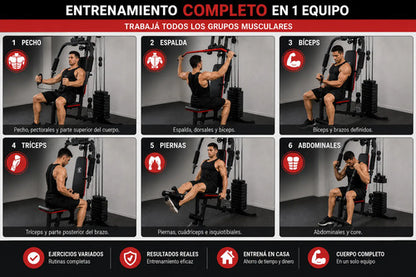 Aparato Multifunción Gimnasio 70kg + Ejercicios Completos Negro Rojo