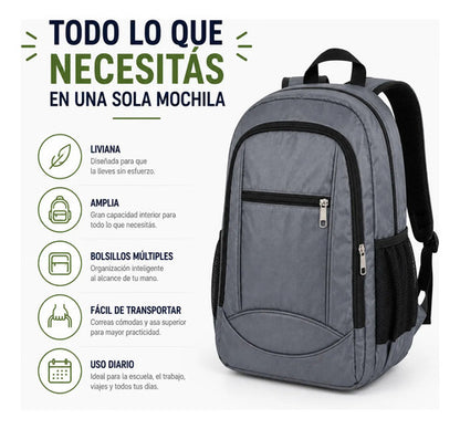 Mochila Escolar Universitaria Negra Reforzada Uso Diario Gris Liso