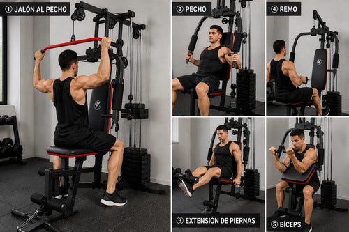 Aparato Multifunción Gimnasio 70kg + Ejercicios Completos Negro Rojo