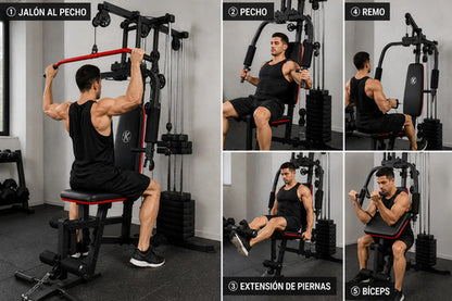Aparato Multifunción Gimnasio 70kg + Ejercicios Completos Negro Rojo