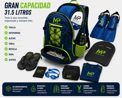 Mochila Natación Michael Phelps 31.5 L Impermeable Deportiva Azul Neón Geométrico