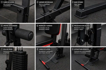Aparato Multifunción Gimnasio 70kg + Ejercicios Completos Negro Rojo