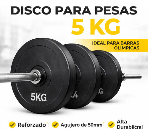 Disco Olímpico Engomado 5 Kg P/ Barra Pesas Gym Profesional Negro