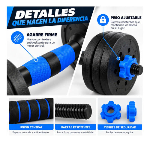 Kit 30kg Barras Mancuernas Discos Forrados Fitness Azul