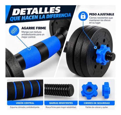 Kit 30kg Barras Mancuernas Discos Forrados Fitness Azul