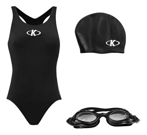 Malla Natacion Mujer Enteriza Traje De Baño Set Lente Gorra Negro Lisa 4xl