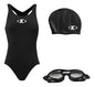 Malla Natacion Mujer Enteriza Traje De Baño Set Lente Gorra Negro Lisa 4xl