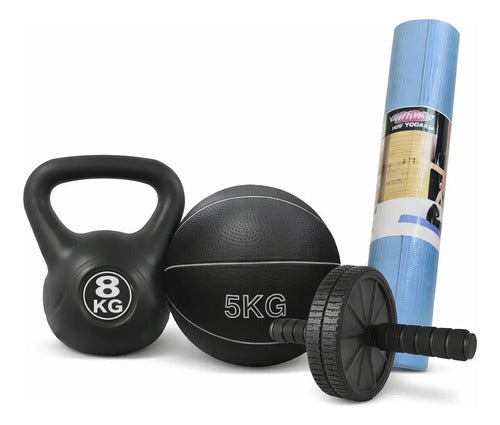 Set Rueda Abdominal+pesa Rusa 8kg Medicine Ball+colchoneta Negro