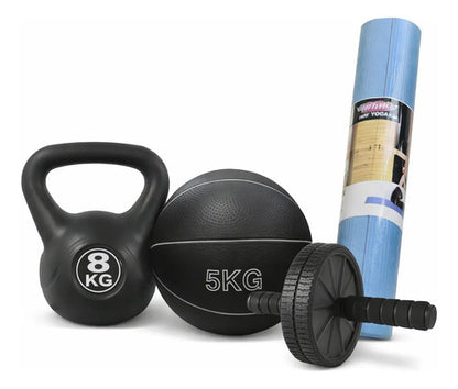 Set Rueda Abdominal+pesa Rusa 8kg Medicine Ball+colchoneta Negro