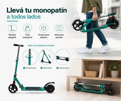 Monopatín Eléctrico Plegable Kds T3 180w Hasta 18 Km/h Verde Agua