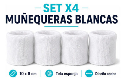 Muñequeras Deportivas Tela Esponja Anchas 10x8cm Set X4 Blanco Unico