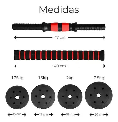 Kit Barra + Mancuerna C/discos Forrados 40 Kgs Negro