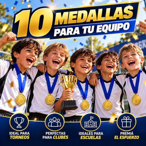 Pack X10 Medallas Deportivas 7 Cm Doradas Con Cinta