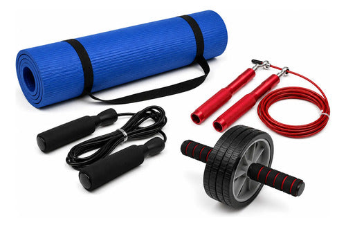 Kit Fitness 4 En 1 Colchoneta Rueda Abdominal Cuerda Saltar Surtido