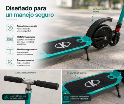 Monopatín Eléctrico Plegable Kds T3 180w Hasta 18 Km/h Verde Agua