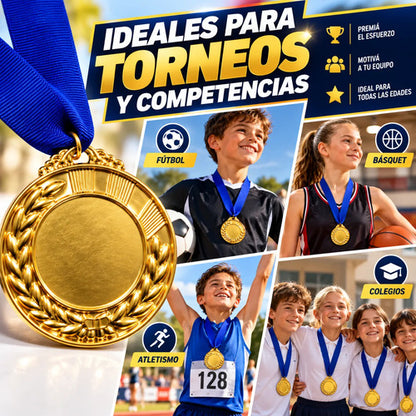 Pack X10 Medallas Deportivas 7 Cm Doradas Con Cinta
