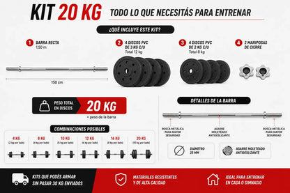Kit Pesas Barra Recta Discos Pvc Cemento Gimnasio Fitness Barra 1.50 M 4x3 Kg 4x2 Kg