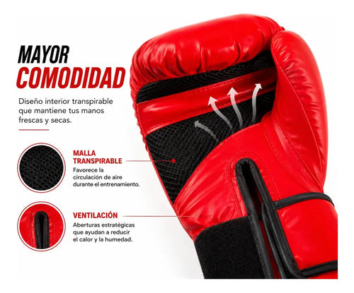 Guantes Boxeo Entrenamiento Premium Alta Protección Velcro 10oz Rojo