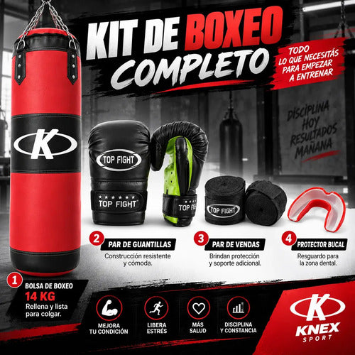 Kit Boxeo Completo 14kg Bolsa Guantes Vendas Bucal Color Rojo