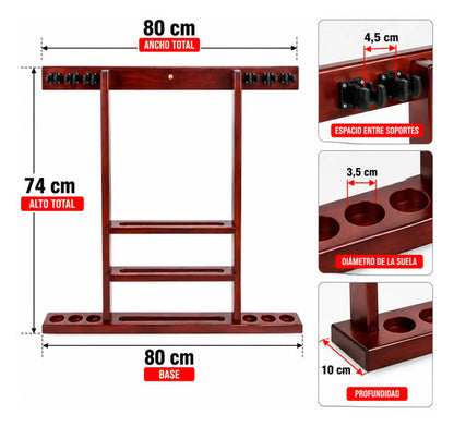 Soporte De Pared Para 8 Tacos De Pool Estante En Madera Marrón Soporte