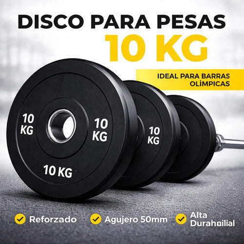 Disco Olímpico Engomado 10 Kg P/ Barra Pesas Gym Profesional Negro