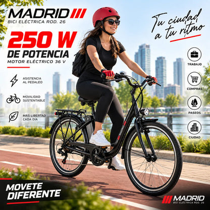Bicicleta Eléctrica Madrid Rodado 26 250w 36v + Regalos Negro M
