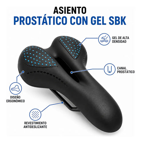 Asiento Bicicleta Mtb Prostático Con Gel Ergonómico Calidad Negro 16.5 Cm