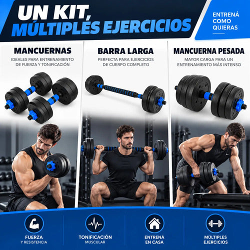Kit 30kg Barras Mancuernas Discos Forrados Fitness Azul