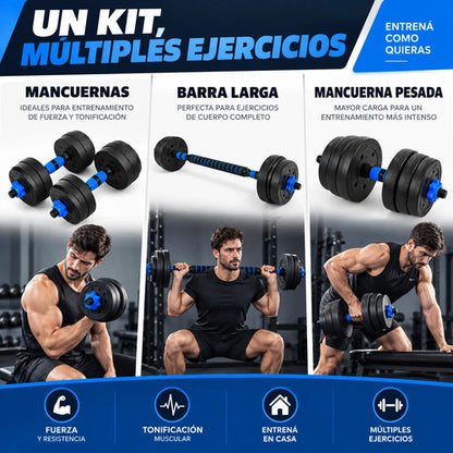 Kit 30kg Barras Mancuernas Discos Forrados Fitness Azul