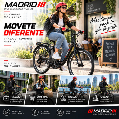 Bicicleta Eléctrica Madrid Rodado 26 250w 36v + Regalos Negro M