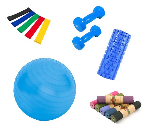 Colchoneta Pilates + Pelota 65cm + Rolo + Banda + Mancuerna Surtido