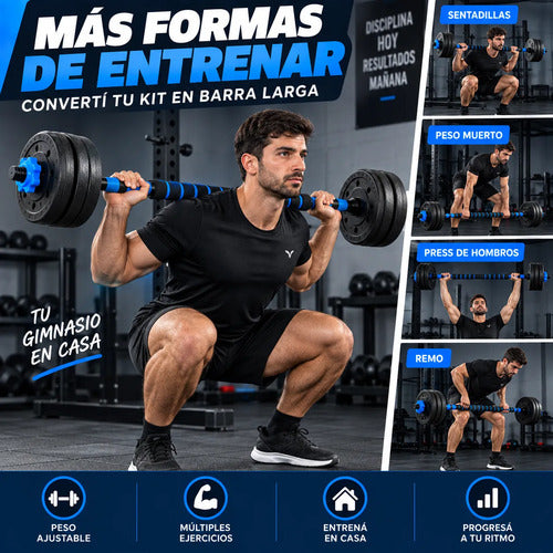 Kit 30kg Barras Mancuernas Discos Forrados Fitness Azul