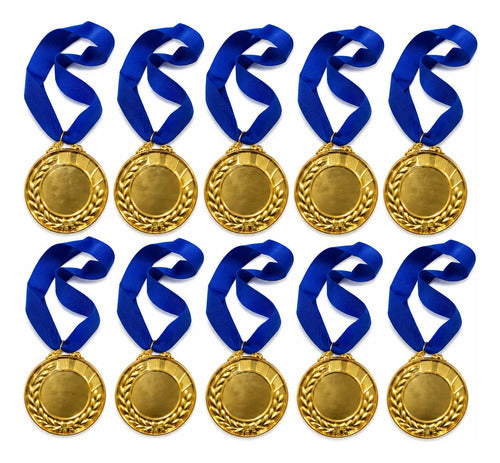 Pack X10 Medallas Deportivas 7 Cm Doradas Con Cinta