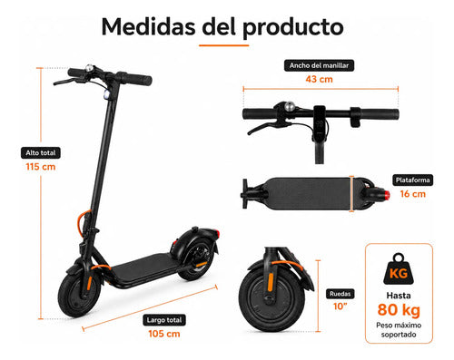 Monopatín Eléctrico 350w Rodado 10 Plegable Hasta 28 Km/h Negro