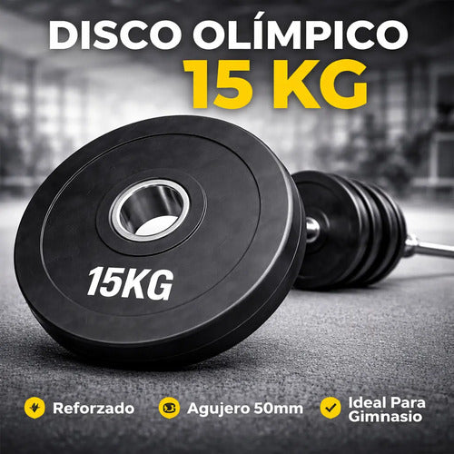 Disco Olímpico Engomado 15 Kg P/ Barra Pesas Gym Profesional Negro