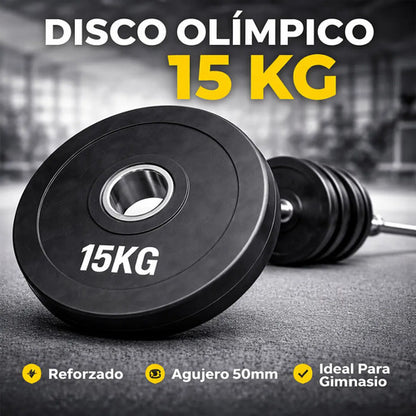 Disco Olímpico Engomado 15 Kg P/ Barra Pesas Gym Profesional Negro