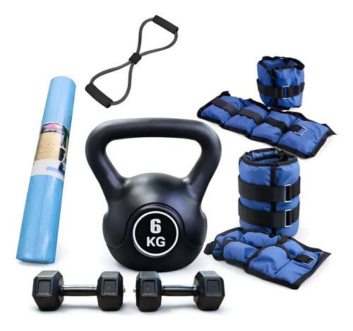 Kit Fitness Completo Pesas Mancuernas Kettlebell Colchoneta Negro