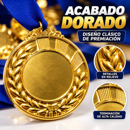 Pack X10 Medallas Deportivas 7 Cm Doradas Con Cinta