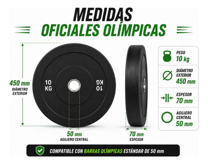 Disco Olímpico Engomado 10 Kg P/ Barra Pesas Gym Profesional Negro
