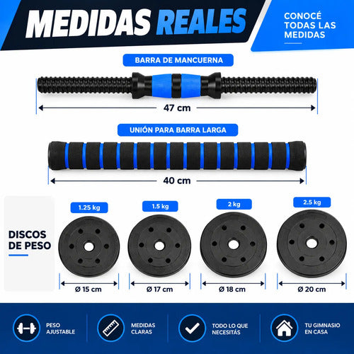 Kit 30kg Barras Mancuernas Discos Forrados Fitness Azul