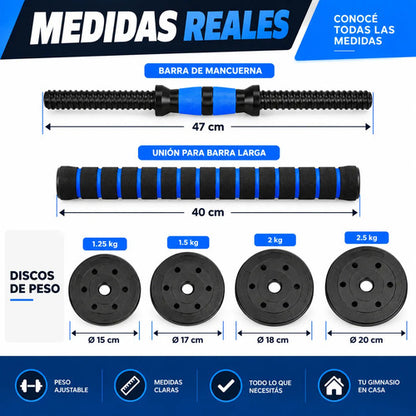 Kit 30kg Barras Mancuernas Discos Forrados Fitness Azul