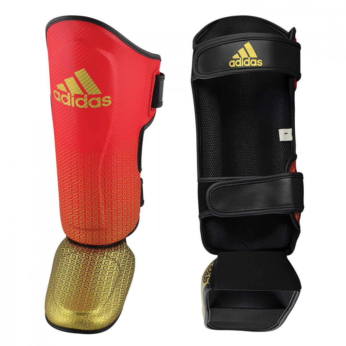 Espinillera Adidas Pro Kickboxing ADIKBSI300 Rojo/Dorado Cuero Sintetico Padding EVA para Competicion y Entrenamiento