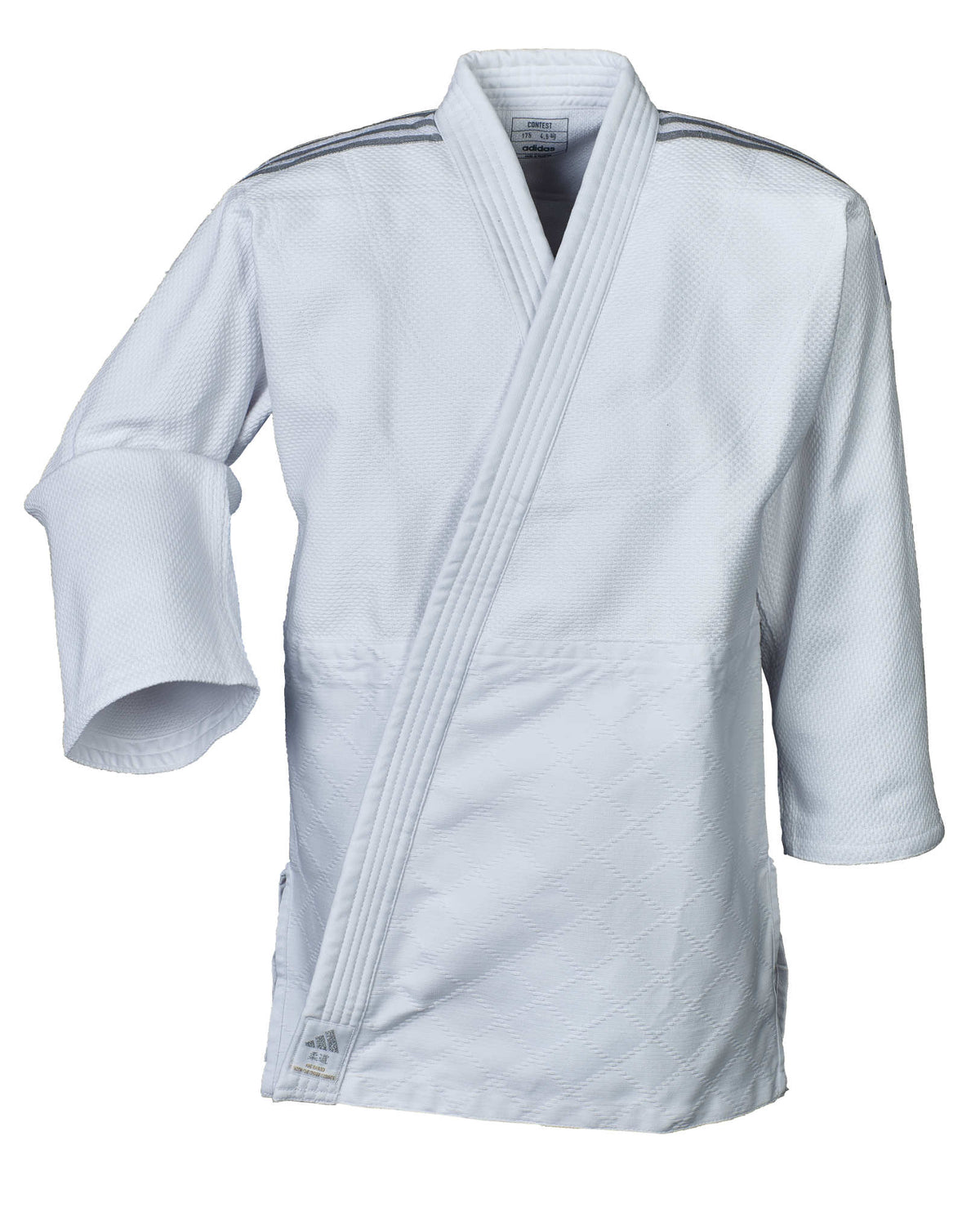 Uniforme Judo Adidas Contest J650P Blanco/Plateado Premium para Competicion Nacional y Entrenamiento Profesional