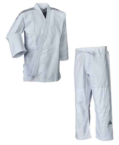 Uniforme Judo Adidas Contest J650P Blanco/Plateado Premium para Competicion Nacional y Entrenamiento Profesional